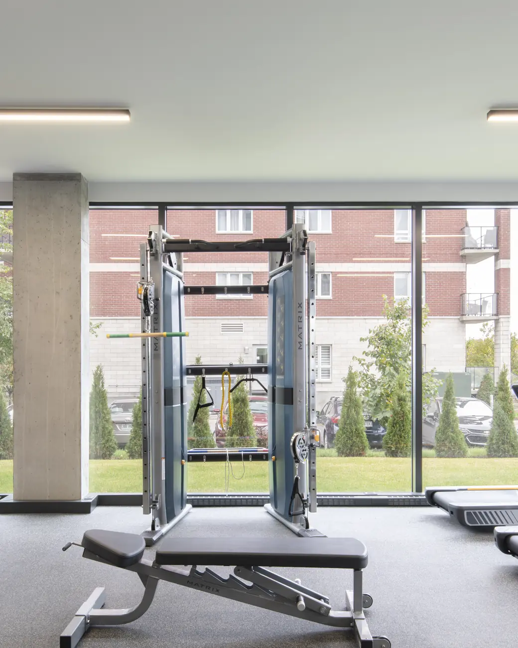 Salle d'entraînement avec vue sur le jardin